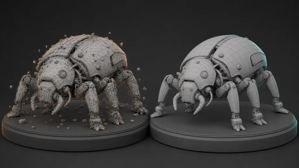 A raw mechanical beetle mesh with tangled triangles and fragments beside the same prop rebuilt with clean edge flow and deliberate parts