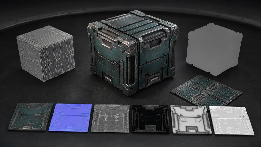 A weathered teal sci-fi crate surrounded by its wireframe, silhouette, material repeat, and aligned base-color, normal, roughness, metalness, AO, and height samples