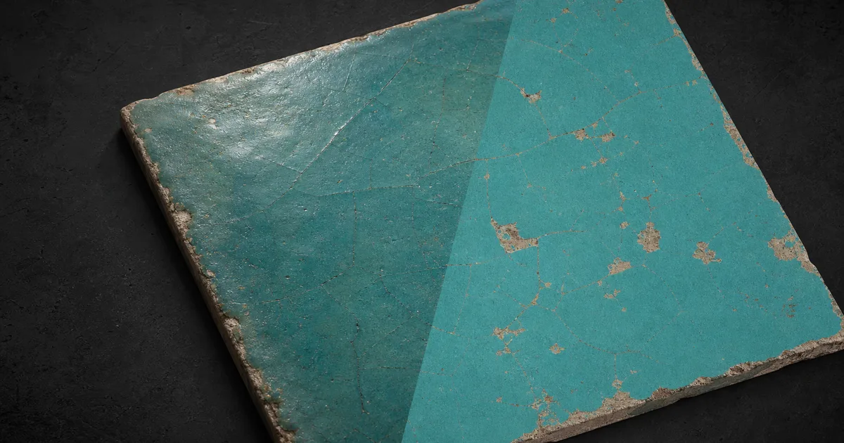 Weathered turquoise ceramic tile transitioning from a reflective lit surface to a flat lighting-neutral albedo texture