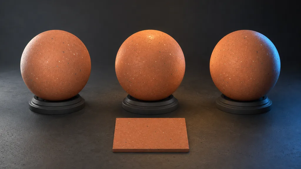 Three identical terracotta material spheres lit from different directions beside a flat terracotta color swatch