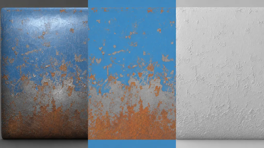 Weathered blue metal shown as a reflective render, a flat blue and rust albedo texture, and a colourless relief sample