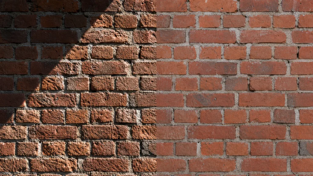 The same red brick wall under a harsh diagonal cast shadow and under soft even lighting