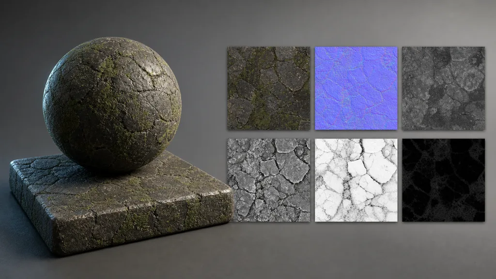 Mossy basalt slab and sphere beside aligned albedo, normal, roughness, height, ambient occlusion, and metalness swatches