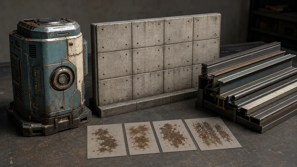 Hero prop, repeating concrete wall, metal trim profiles, and reusable dirt decals arranged as a modular texture kit