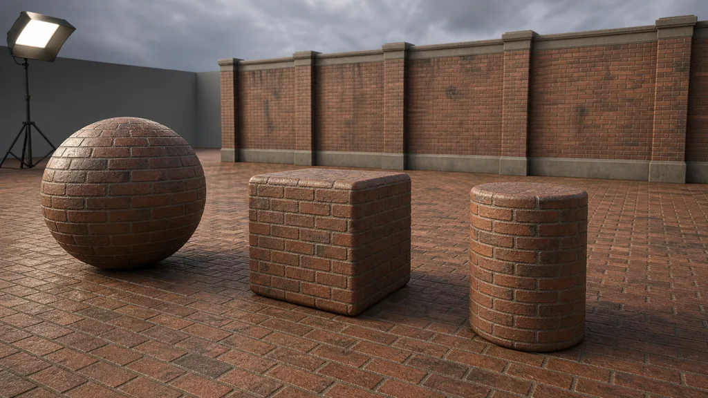 Brick material tested on a sphere, beveled cube, cylinder, repeated floor, and distant modular wall under neutral light