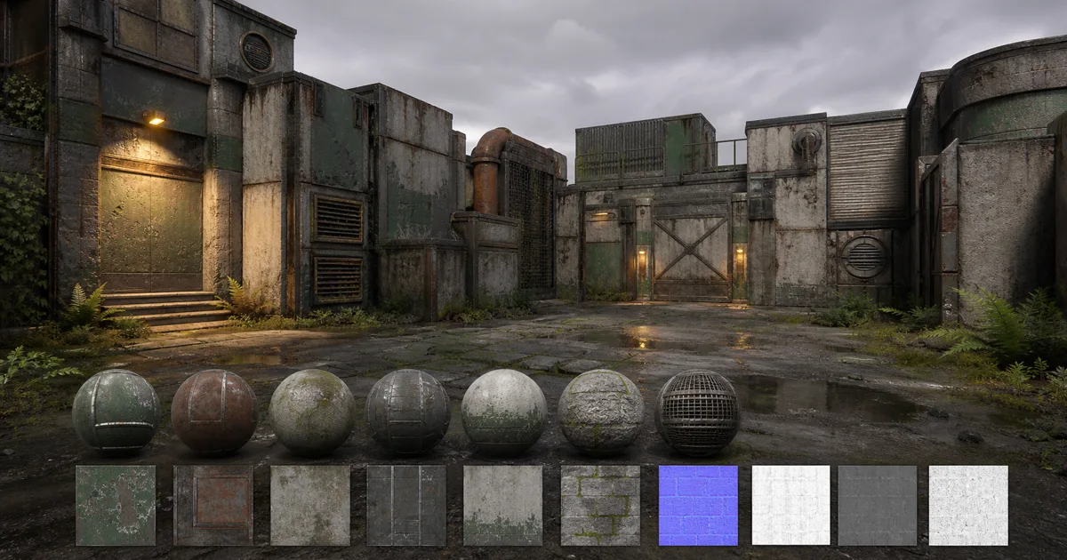 Modular industrial game courtyard built from weathered concrete, painted metal, stone, moss, and coordinated material samples