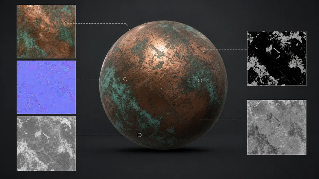 A weathered copper sphere surrounded by matching albedo, normal, roughness, metalness, and height maps