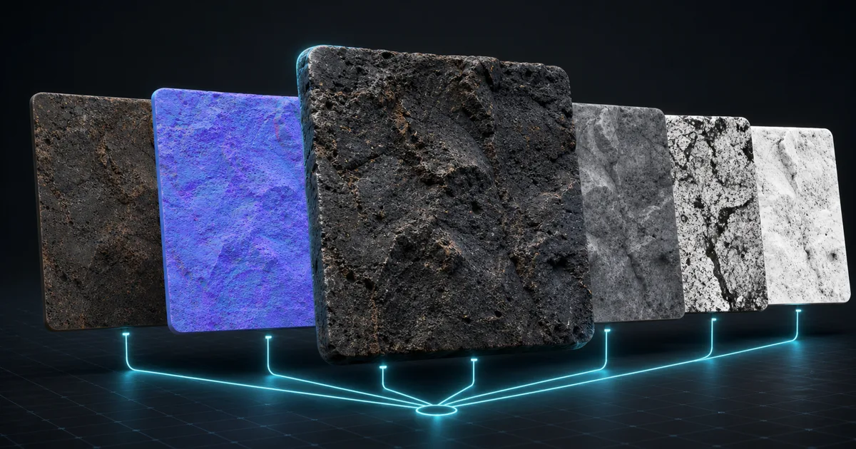 A volcanic rock material surrounded by its albedo, normal, roughness, height, and ambient occlusion texture maps