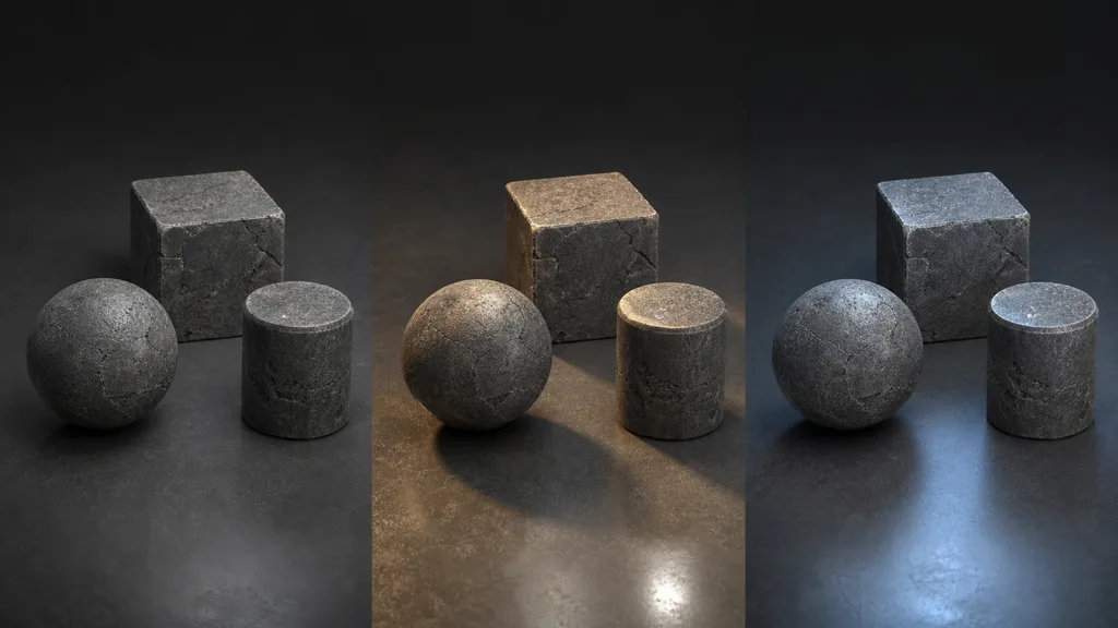 The same stone material applied to a sphere, cube, and cylinder under neutral, warm, and cool lighting