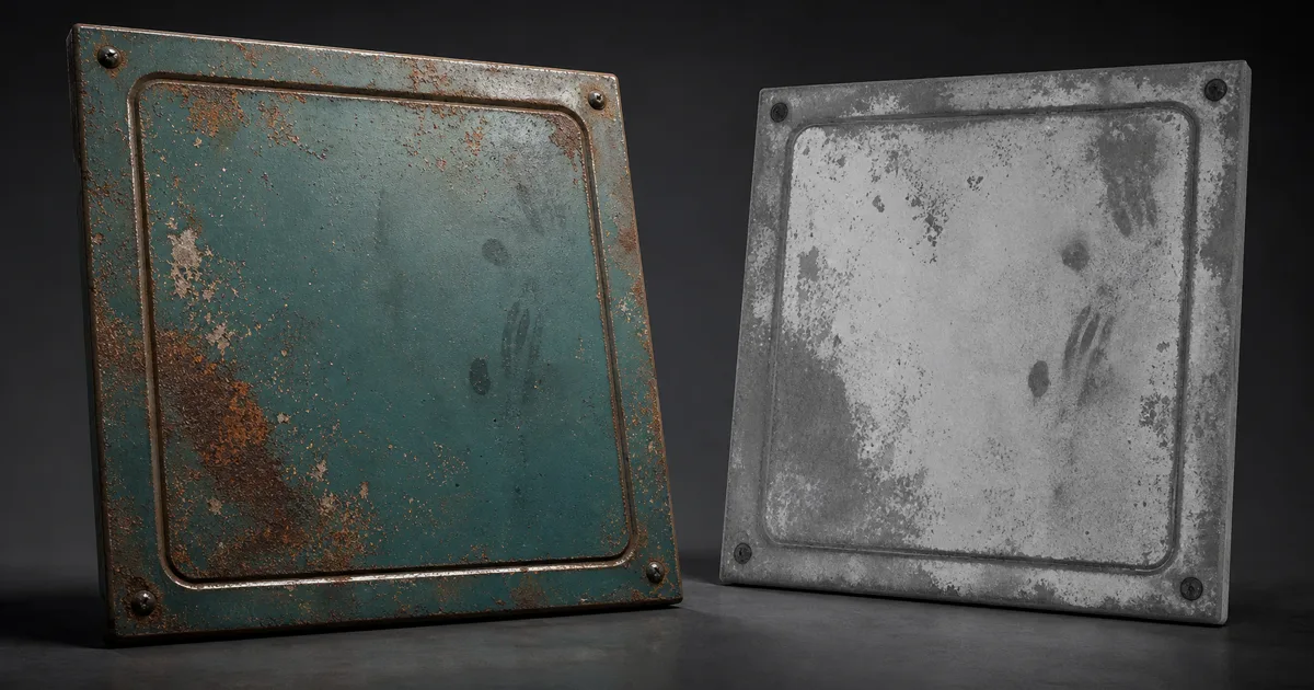 Weathered painted metal beside its grayscale roughness map, with tight highlights on exposed paint and broad reflections on dusty areas