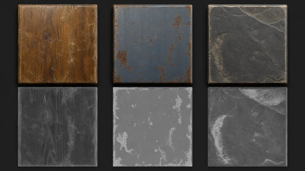 Varnished wood, chipped painted metal, and dusty stone samples aligned above their distinct grayscale roughness maps