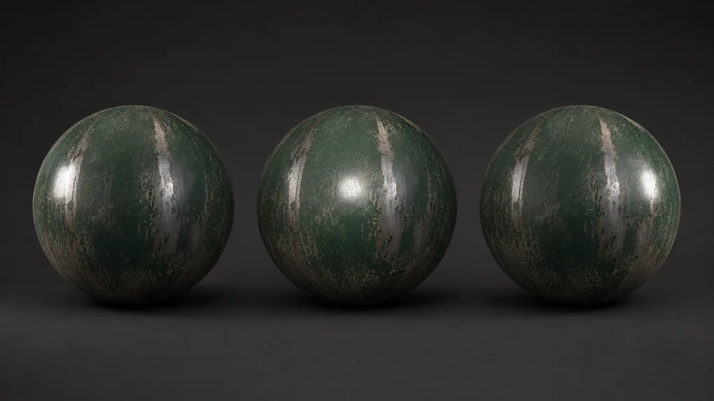 The same weathered material sphere under three light positions, with a sharp highlight moving consistently across worn areas