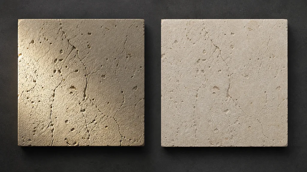The same stone sample photographed under harsh side light and soft even light, showing deep shadows in the harsh capture