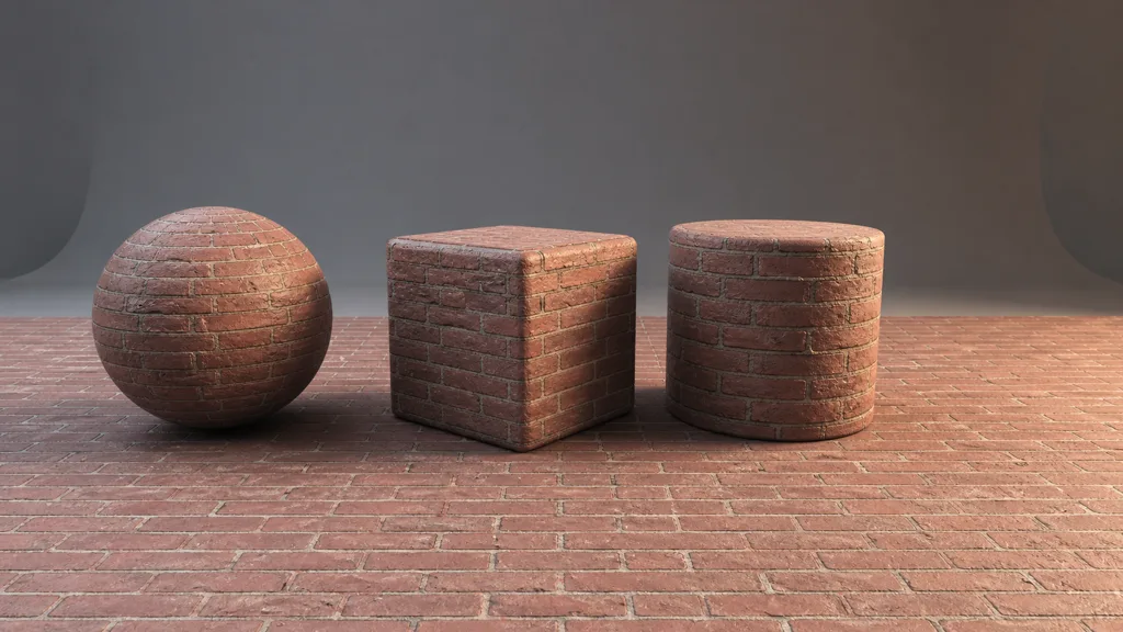 The same dry brick material applied to a sphere, beveled cube, cylinder, and repeated floor plane under neutral studio lights