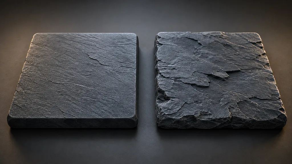 Two matching slate slabs showing shading-only fine relief beside geometry-changing displacement