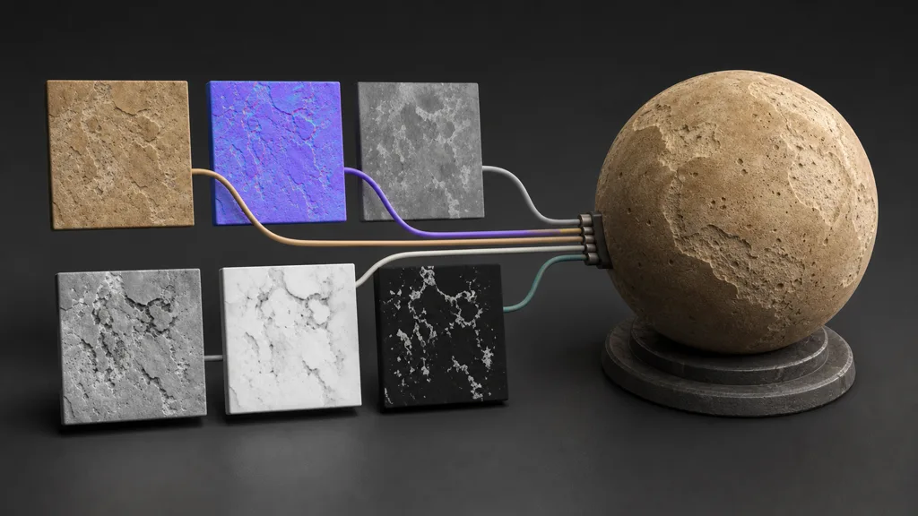 Six visual texture-map tiles connected into one shaded sandstone material sphere