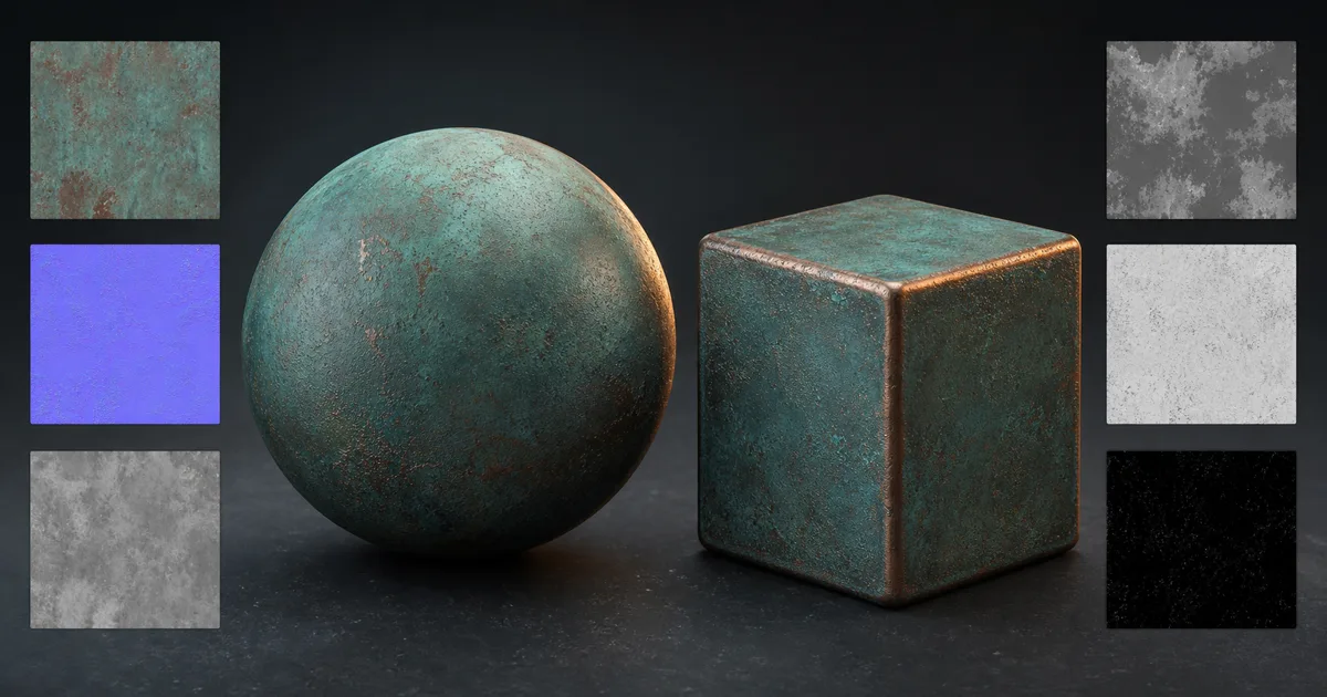 Oxidized copper material shown on a sphere and beveled cube beside six aligned PBR map samples