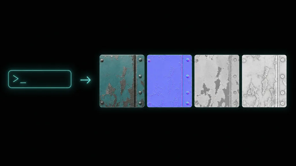 A text prompt turning into a custom PBR material set of teal chipped painted metal, shown as colour, normal, roughness and height swatches