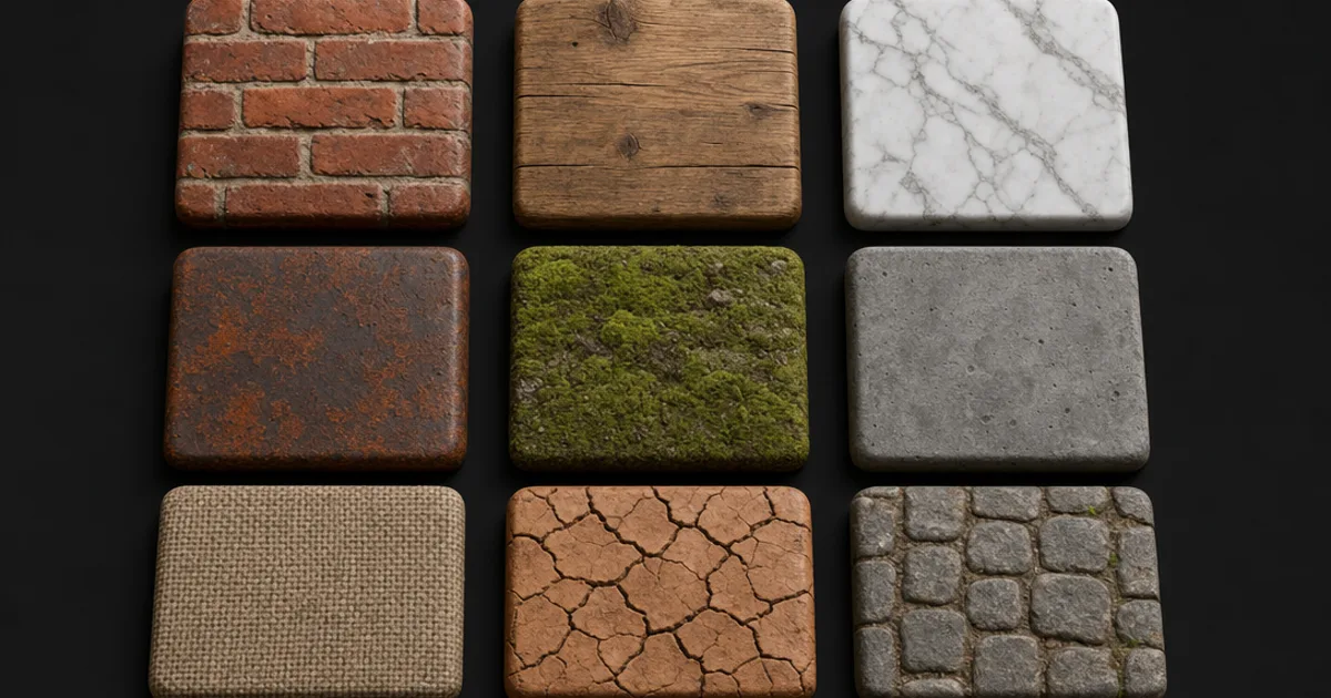 A grid of free PBR material swatches — brick, wood, marble, rusted metal, moss, and concrete — each rendered on a rounded tile