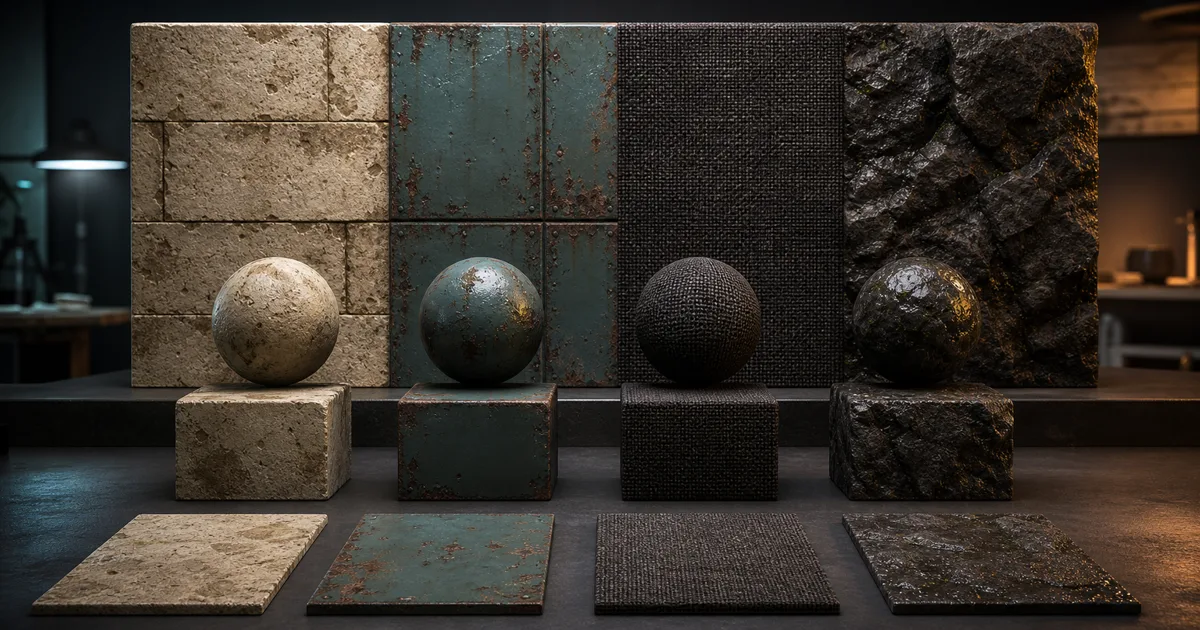 Limestone, oxidized painted steel, woven fabric, and volcanic rock displayed on walls, spheres, cubes, and flat samples in a dark material studio