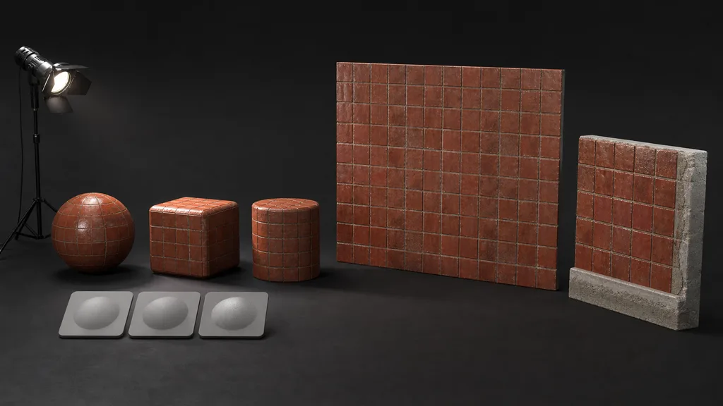 Red-brown ceramic tile material tested on a sphere, bevelled cube, cylinder, repeated plane, wall section, and roughness samples under neutral studio light