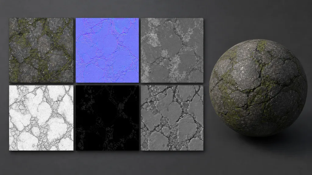 Six aligned mossy basalt PBR map tiles beside a shaded stone sphere