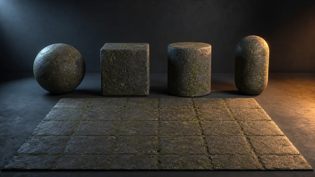 Mossy basalt material applied to a sphere, beveled cube, cylinder, capsule, and tiled plane under cool and warm lights