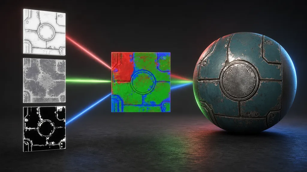 Three grayscale masks converging into an RGB-packed texture beside a worn teal metal sphere