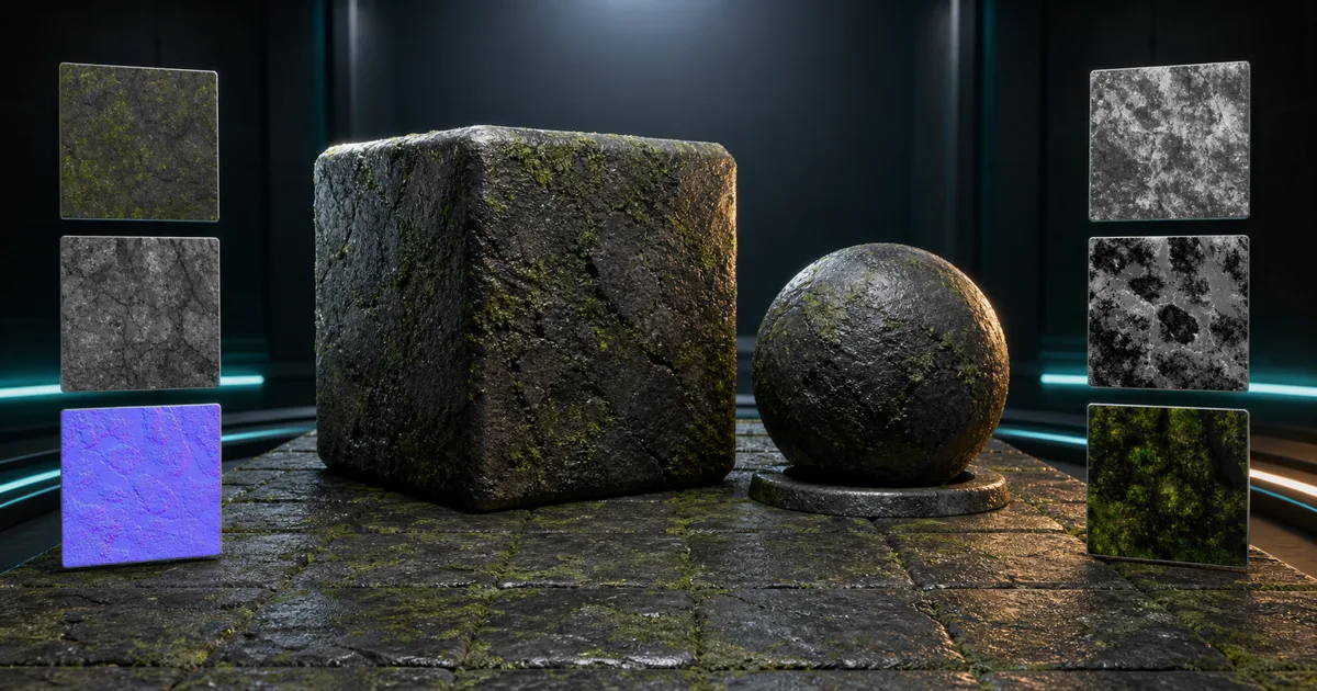 Moss-covered basalt material applied to a beveled cube, sphere, and tiled floor beside six PBR map swatches