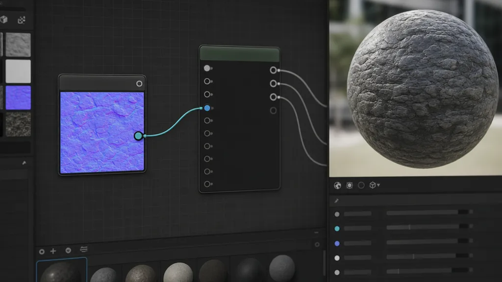 A node-based material editor showing a normal map wired into a shader with a 3D preview sphere