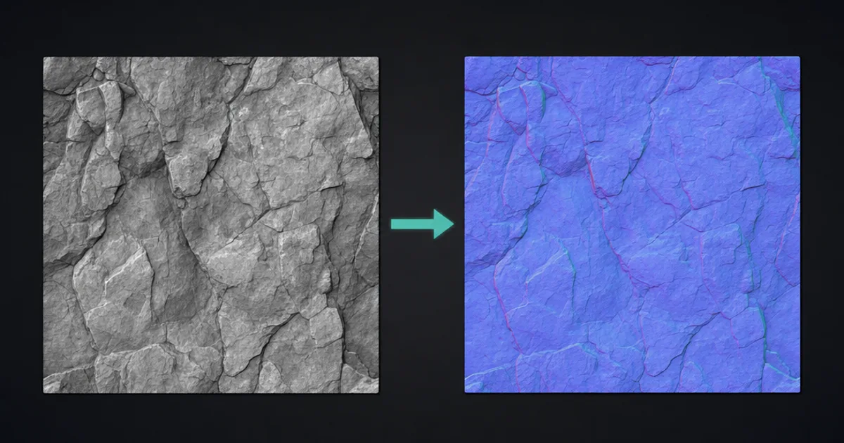 A grayscale stone height texture converting into a purple-blue tangent-space normal map
