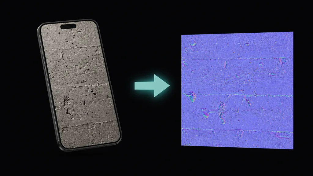 A phone photo of a concrete wall converting into a tangent-space normal map