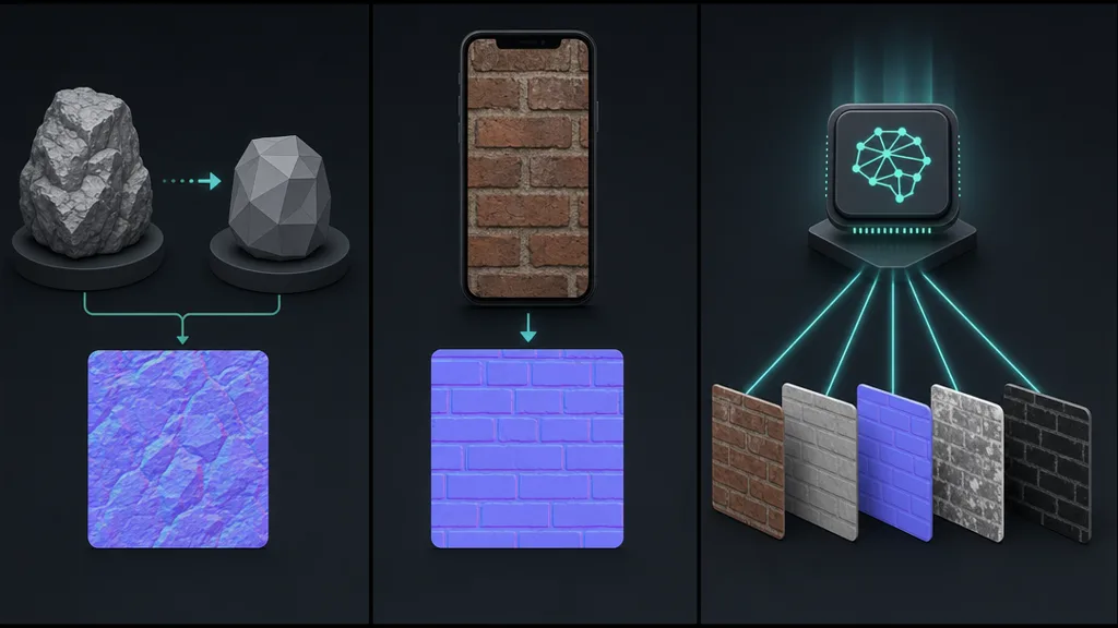 A triptych showing three ways to make a normal map: baking from high-poly, from a photo, and with AI