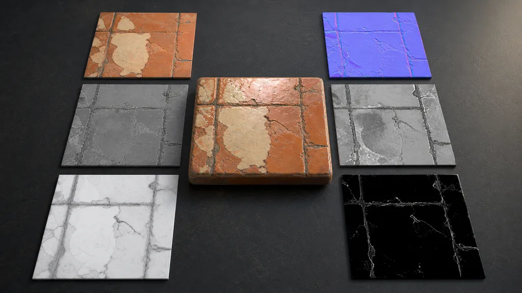 Worn terracotta tile surrounded by aligned base color, normal, roughness, height, ambient occlusion, and metalness maps