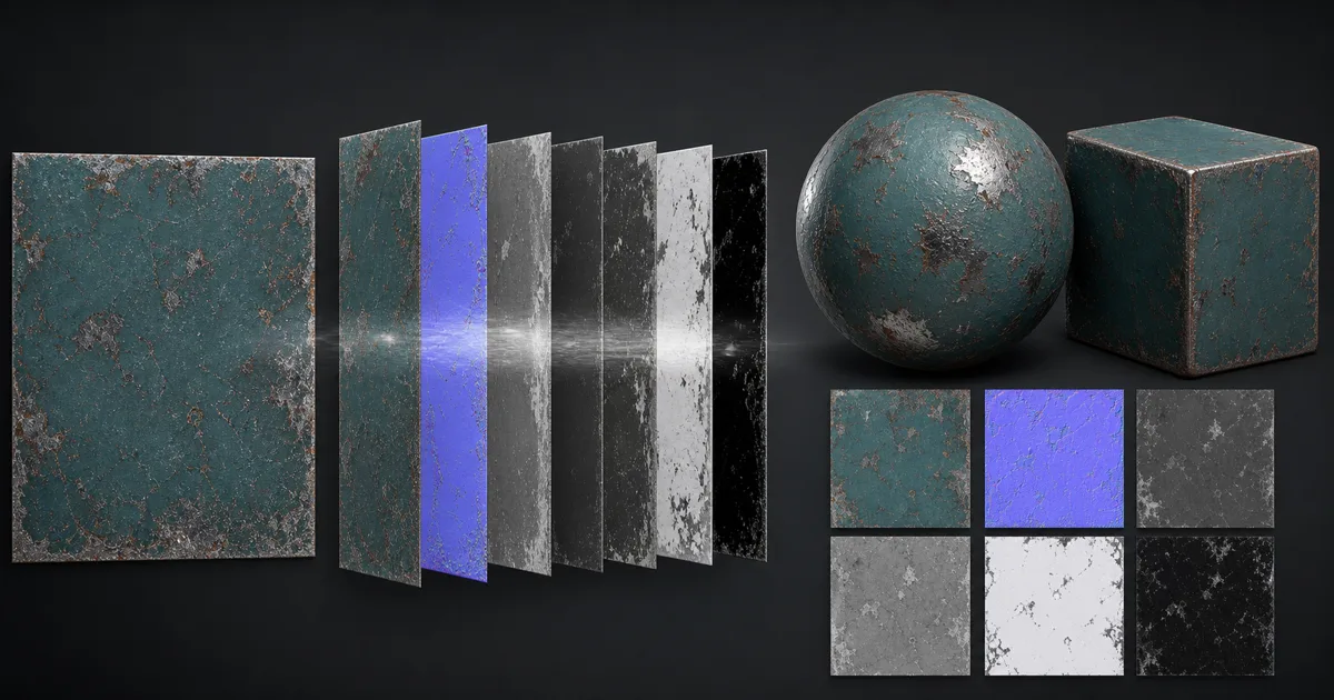 Weathered teal metal image separated into aligned material maps and rendered on a sphere and cube