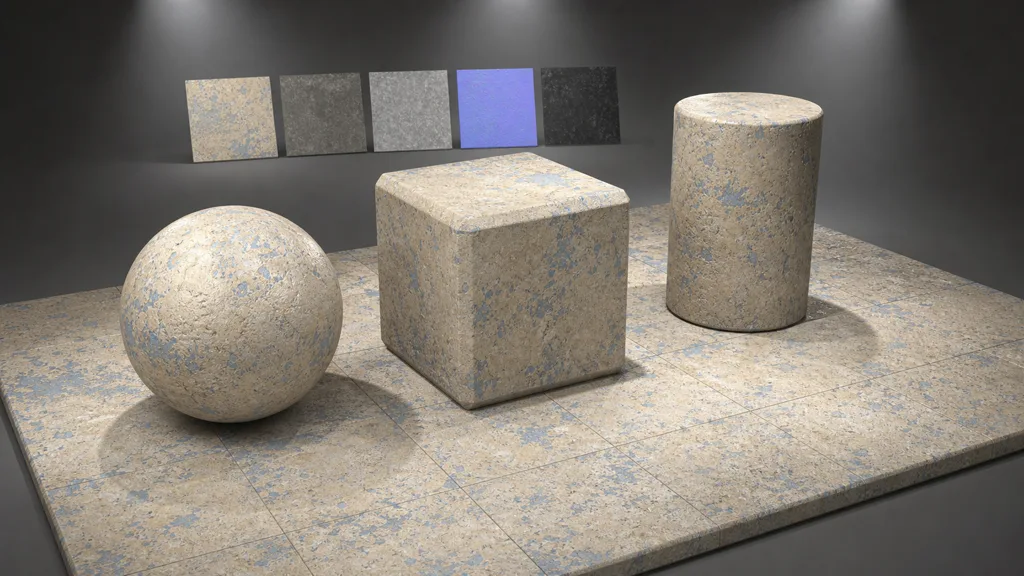 Pale stone and faded blue paint material applied to a sphere, cube, cylinder, and tiled plane in a neutral studio
