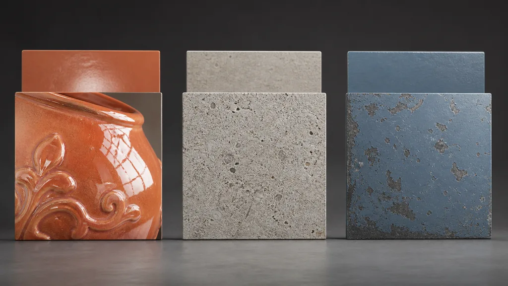 Glossy terracotta, evenly lit stone, and lighting-neutral painted metal reference samples shown side by side
