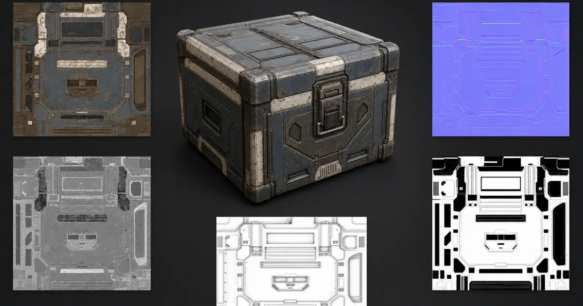 A finished rendered sci-fi crate in the centre surrounded by its separate PBR texture map tiles — base colour, normal, roughness, metalness, and ambient occlusion