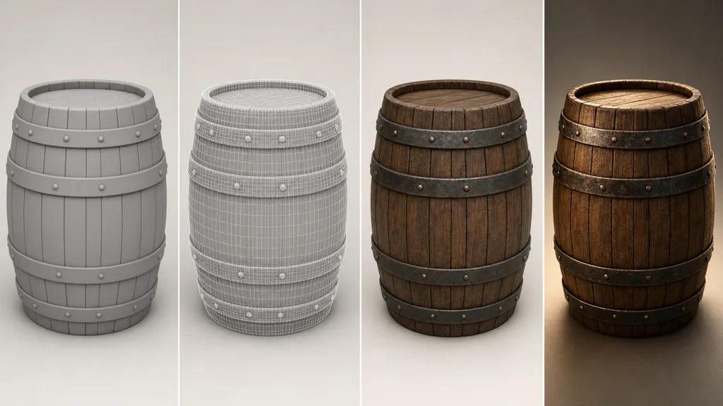 Four stages of a 3D barrel asset shown left to right — plain grey clay model, wireframe with baked maps, textured with PBR materials, and final lit render