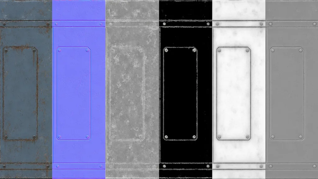 A horizontal strip of the standard PBR texture maps for a metal surface — base colour, normal, roughness, metalness, ambient occlusion, and height