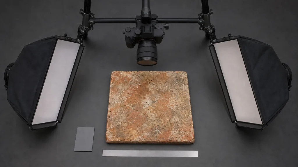 Unbranded overhead camera and two diffused lights arranged around a flat terracotta sample with a gray card and scale reference