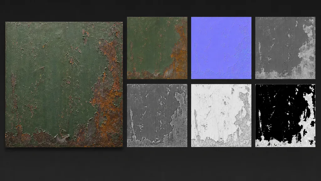 Weathered green painted metal source decomposed into aligned albedo, normal, roughness, height, ambient occlusion, and metalness maps