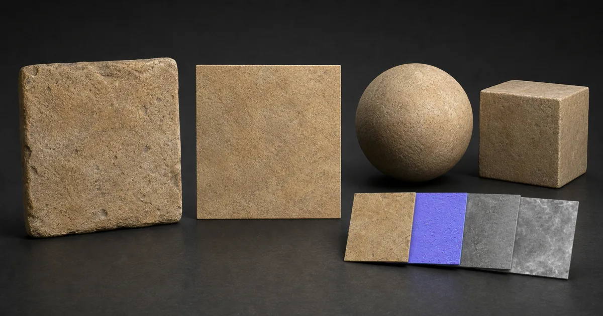 Weathered sandstone sample progressing into a flat texture, a rendered sphere and cube, and coordinated PBR map tiles