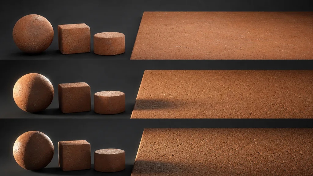 Terracotta material applied to a sphere, cube, cylinder, and continuous plane under three different lighting directions