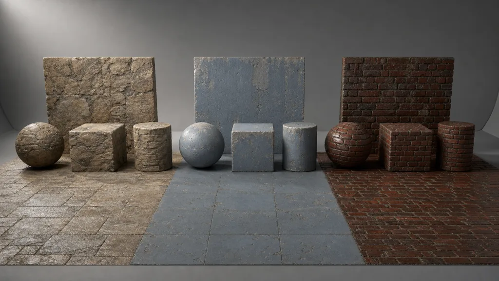Rock, faded blue concrete, and dark brick materials applied to spheres, cubes, cylinders, wall slabs, and repeated floor planes in a neutral test chamber