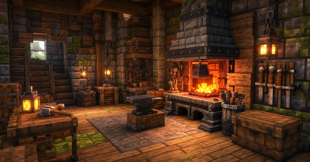 Blocky low-poly game environment with rich custom PBR textures — wooden planks, mossy stone bricks, and brushed metal — under warm cinematic lighting