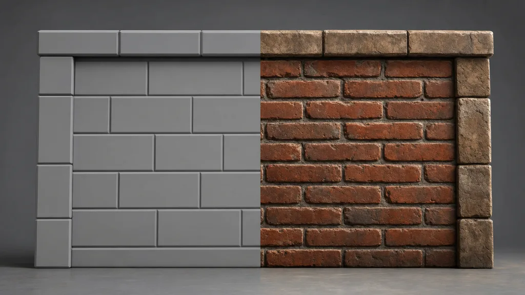 Side-by-side game wall comparison — left half flat untextured grey, right half the same wall with a detailed PBR brick texture showing depth and lighting