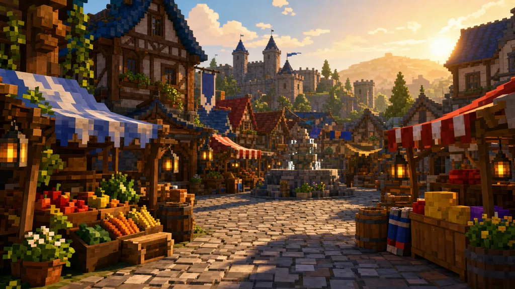 Polished blocky low-poly medieval marketplace game scene with custom textured cobblestone, timber stalls, and cloth awnings lit by golden-hour sun