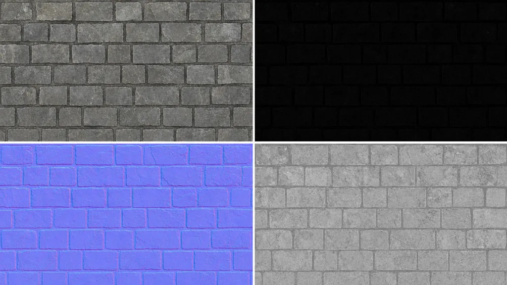 Four PBR texture maps for a stone brick surface arranged in a grid — grey color map, mostly-black metalness, purple-blue normal, and greyscale roughness