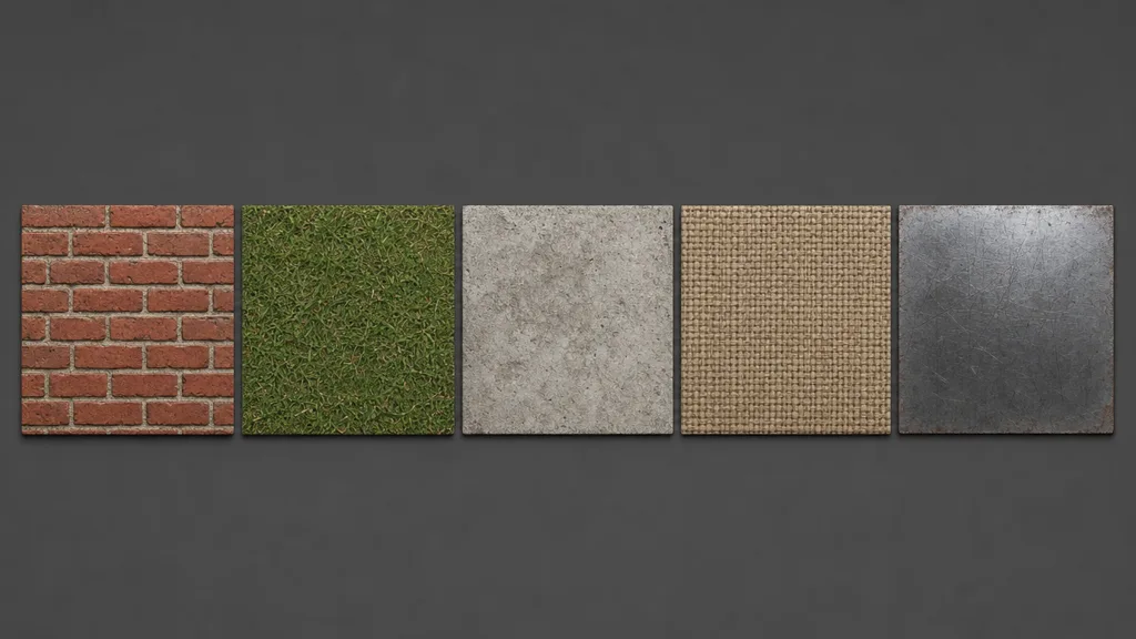 A row of five tileable game texture swatches — red brick, green grass, rough concrete, woven fabric, and scratched metal